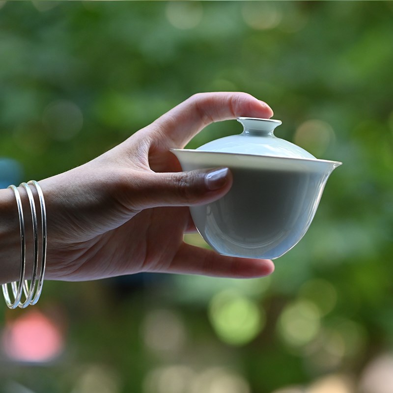沁茗堂景德镇白瓷银口盖碗不烫手纯白薄胎功夫茶具传统若深泡茶碗