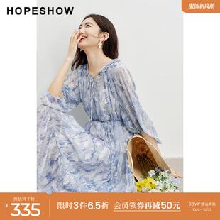 红袖国风连衣裙夏季2024新款女装【蓝花剪影】灯笼袖碎花雪纺裙