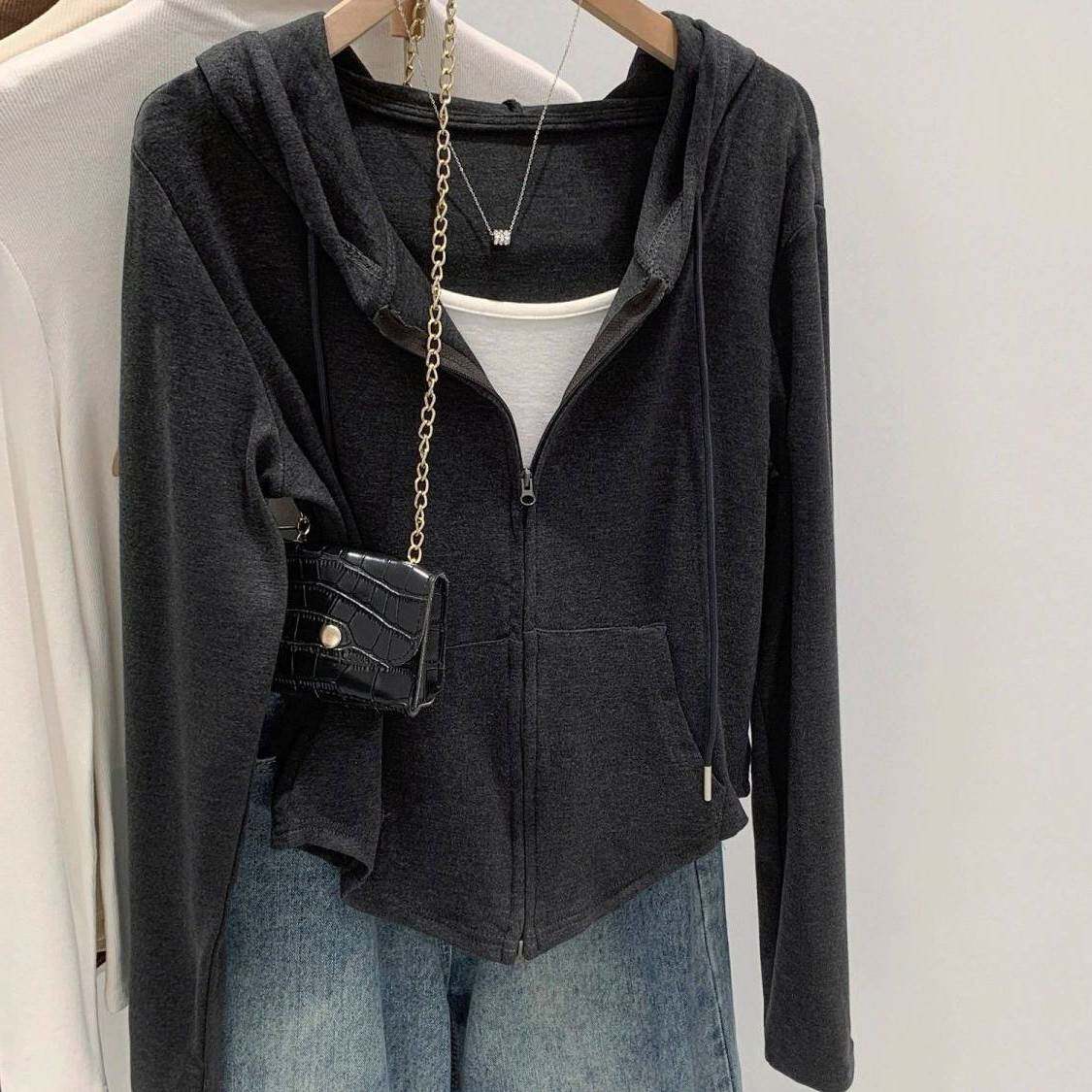 慵懒风连帽拉链灰色假两件卫衣女2026春季新款显瘦洋气百搭外套女