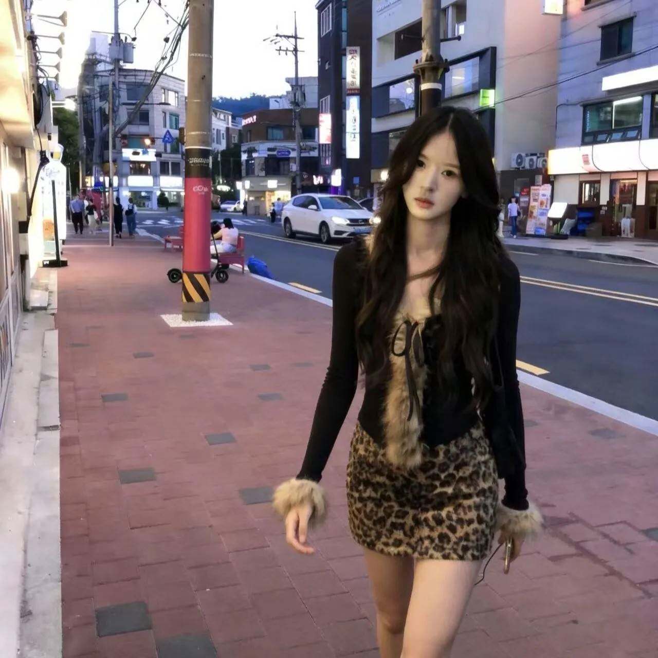 毛毛上衣豹纹短裙包臀裙a字半身裙女春秋小个子高腰裙裤两件套装