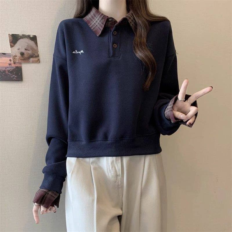 格子衬衫拼接polo领正肩藏蓝色卫衣女2025秋春大码胖mm假两件上衣