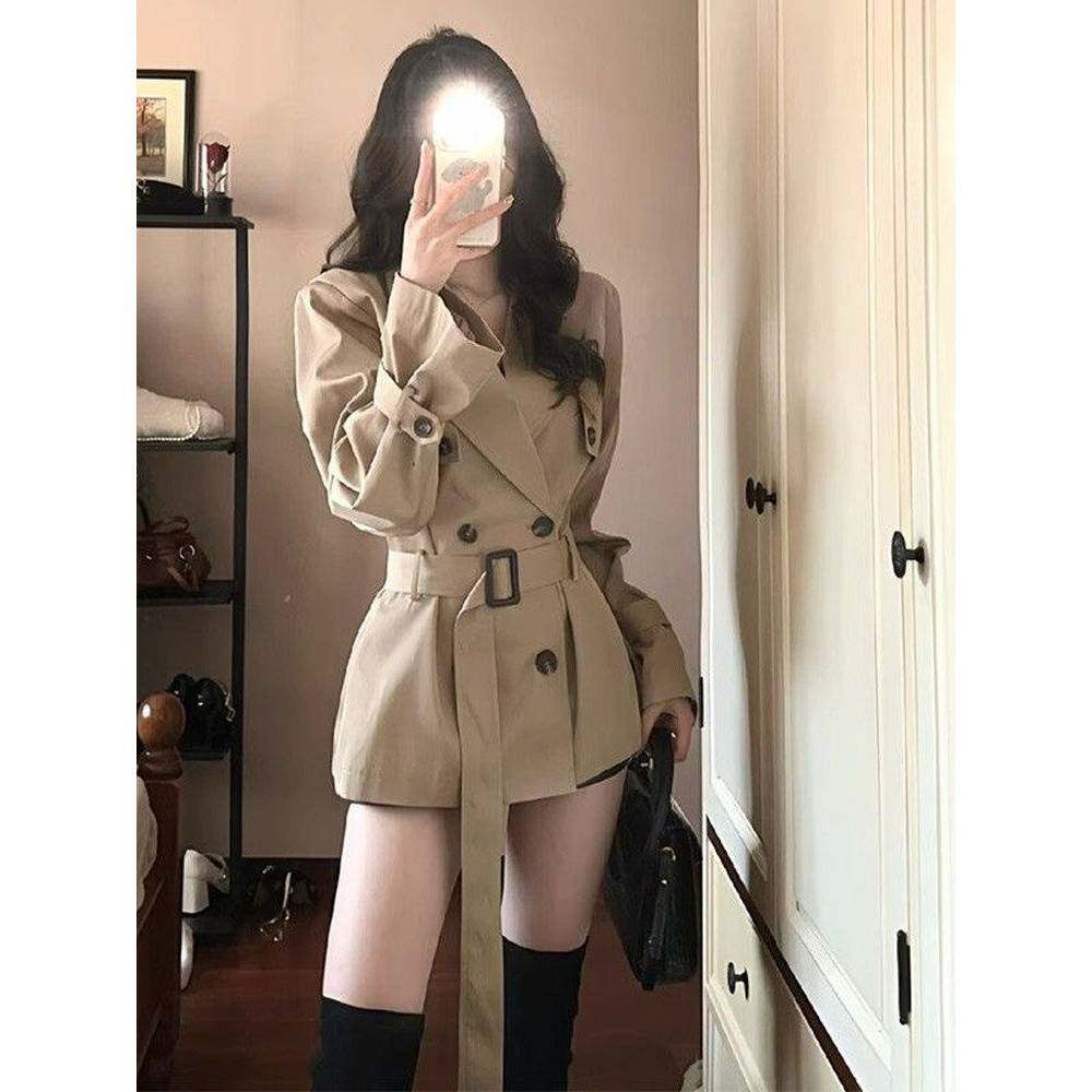 英伦风卡其色短款风衣外套女秋冬季高级感小个子气质收腰西服大衣