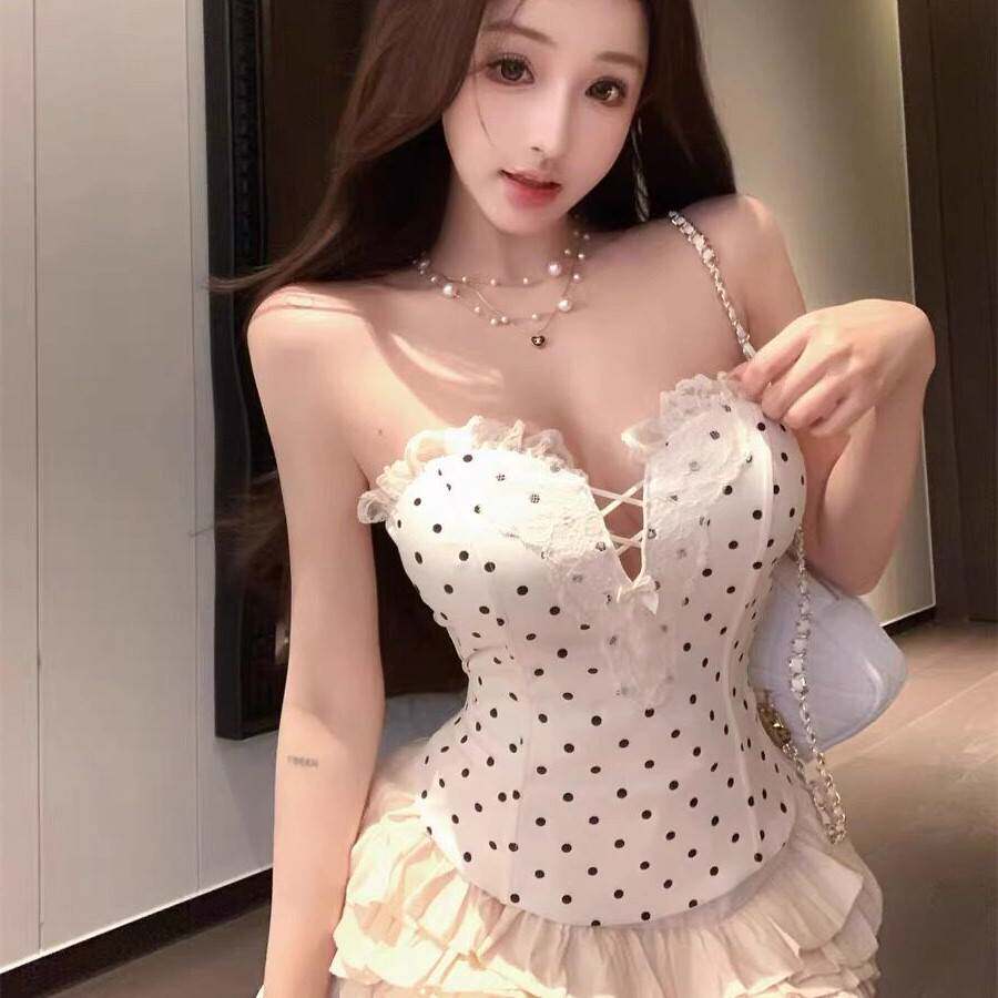 波点蕾丝吊带背心女夏季纯欲辣妹一字肩鱼骨抹胸小上衣带胸垫绝美