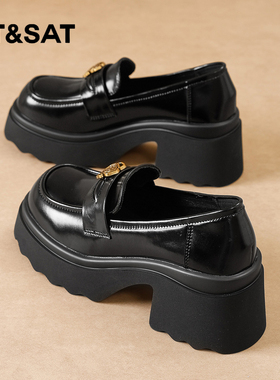 星期六黑色乐福鞋女2025冬季新款女鞋女款爆款加绒厚底懒人一脚蹬