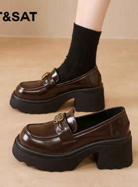 星期六乐福鞋女2025冬季新款女鞋女款爆款鞋子厚底粗跟加绒小皮鞋