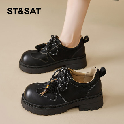 星期六乐福鞋女2025冬季新款女鞋女款加绒鞋子英伦黑色棉鞋小皮鞋