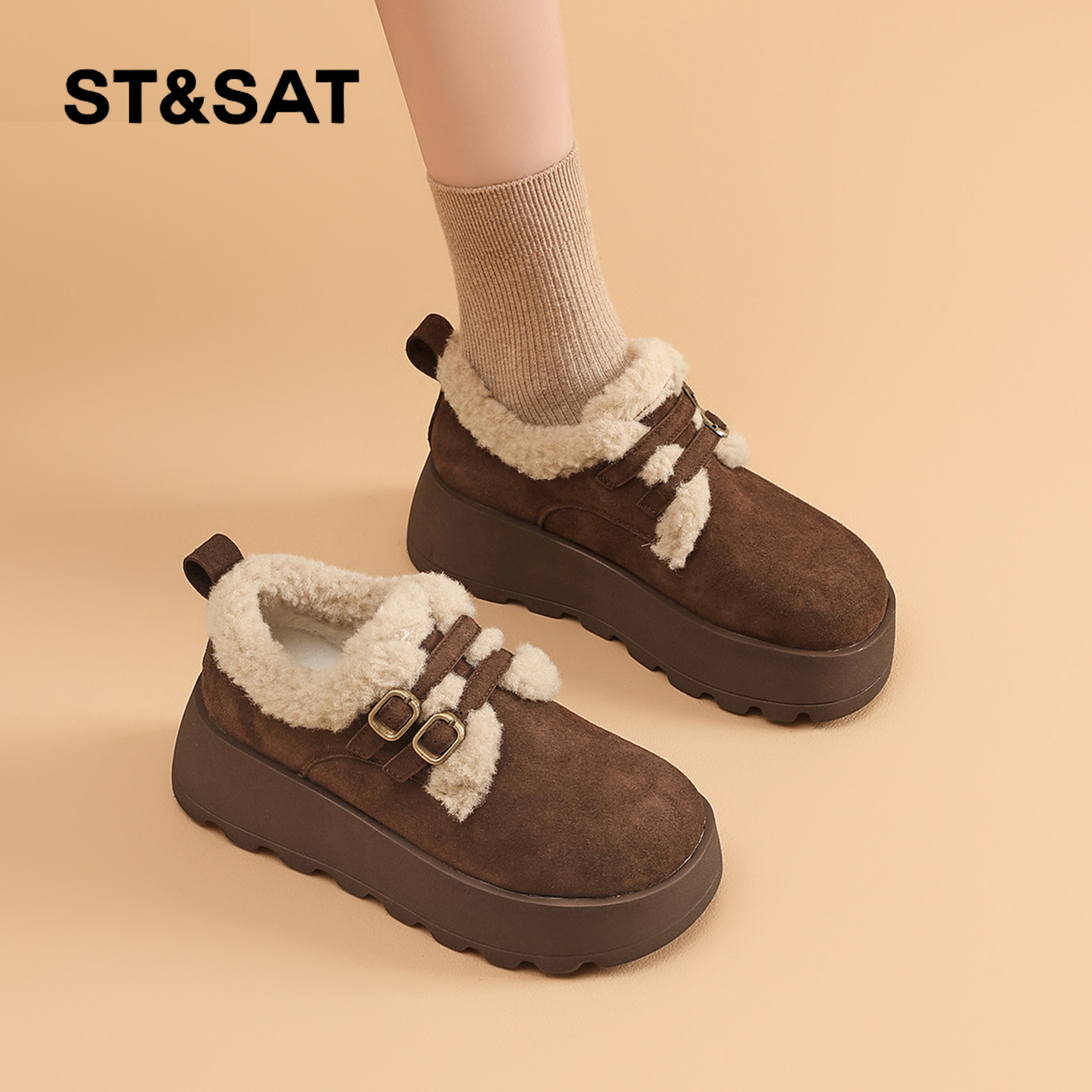 星期六勃肯鞋女冬2025冬季新款女鞋女款厚底加绒加厚保暖高跟棉鞋