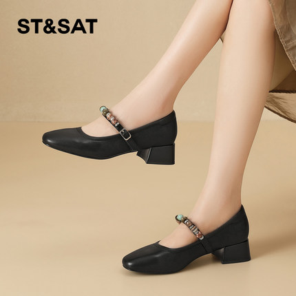 星期六玛丽珍鞋女冬2025冬季新款女鞋女款红色粗跟小皮鞋百搭单鞋