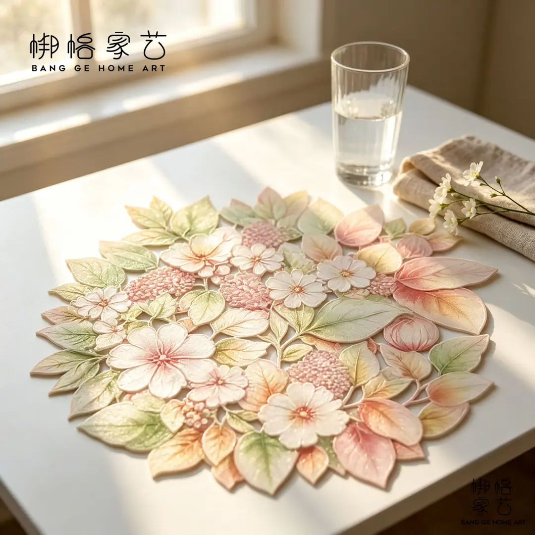 彩色PVC餐垫3D托底隔热垫咖啡居家餐垫杯垫简约素锦叶繁欧式餐垫