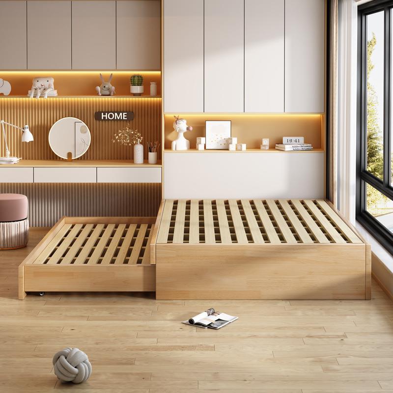 PKI榻榻米地台床床子母拖床高低床排骨床架无床实头木床架双层上