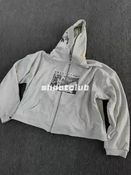 【Double-Layer Waffle】Erd 25Ss Japanese Patch Print Gray Zipper Hoodie Unisex Sweatshirt