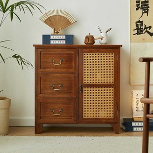 藤编斗柜实木收纳储物柜客厅边柜餐边柜茶水台茶水柜新中式床头柜