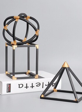 现代轻奢售楼处样板间书房桌面书柜书档金属大理石金字塔几何摆件