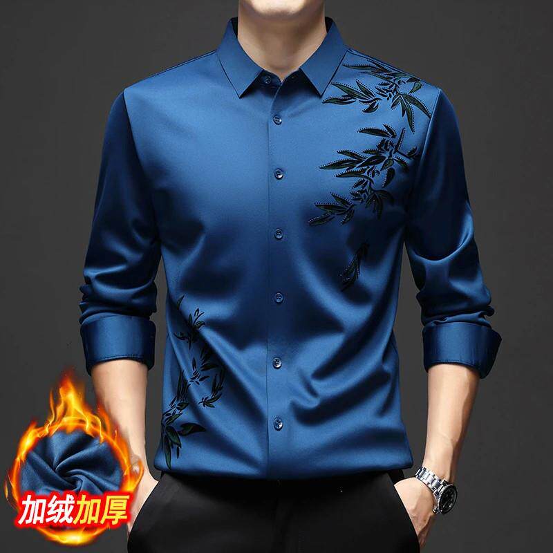 保利奢品i冬长袖加绒衬衫男翻领无痕抗皱印花中年男士加厚保暖衬