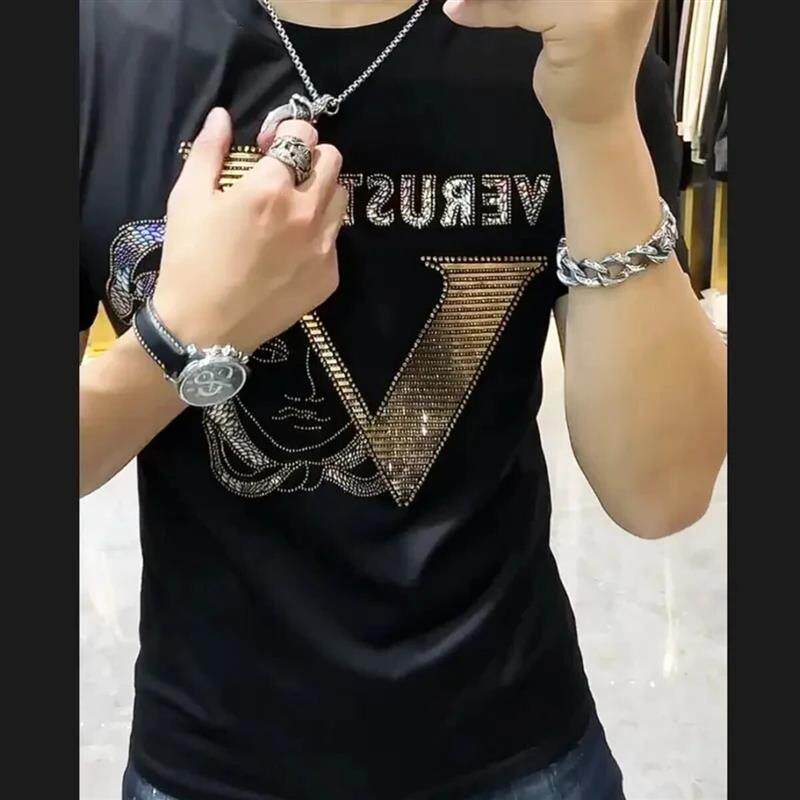 帝裳轩水钻莱卡欧洲站高档宽松烫钻男士短袖T恤衫圆领欧货潮半袖