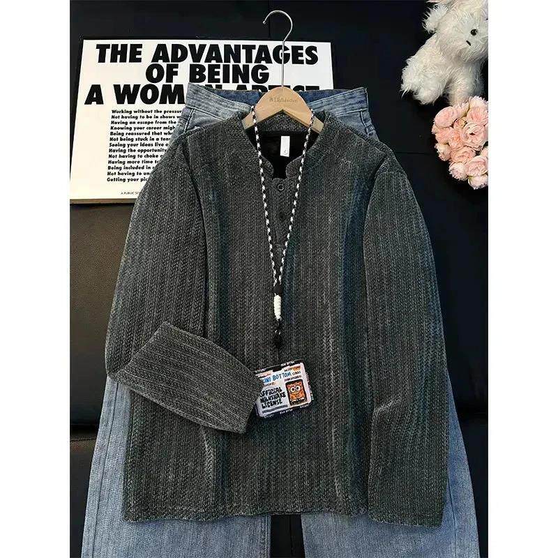 蕉幻伊明配饰专卖亨利领POLO衫卫衣男款加绒鱼骨纹雪尼尔长袖T恤