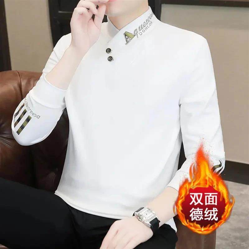 2025新款德绒假两件半高领男士打底衫秋冬长袖保暖面料中领上衣男