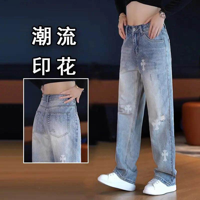 深澜甄选优品水E洗牛仔裤男士潮x牌时尚宽松直筒长裤美式复古印花