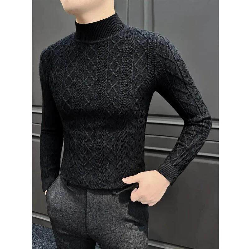 海园优选轻奢男装秋冬季菱形格针织毛衣男士长袖T恤内搭打底衫