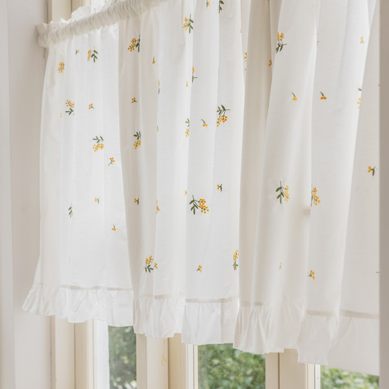 法式刺绣黄色蓝色小花防尘帘 柜帘穿杆短帘 森系S门帘半遮光咖啡