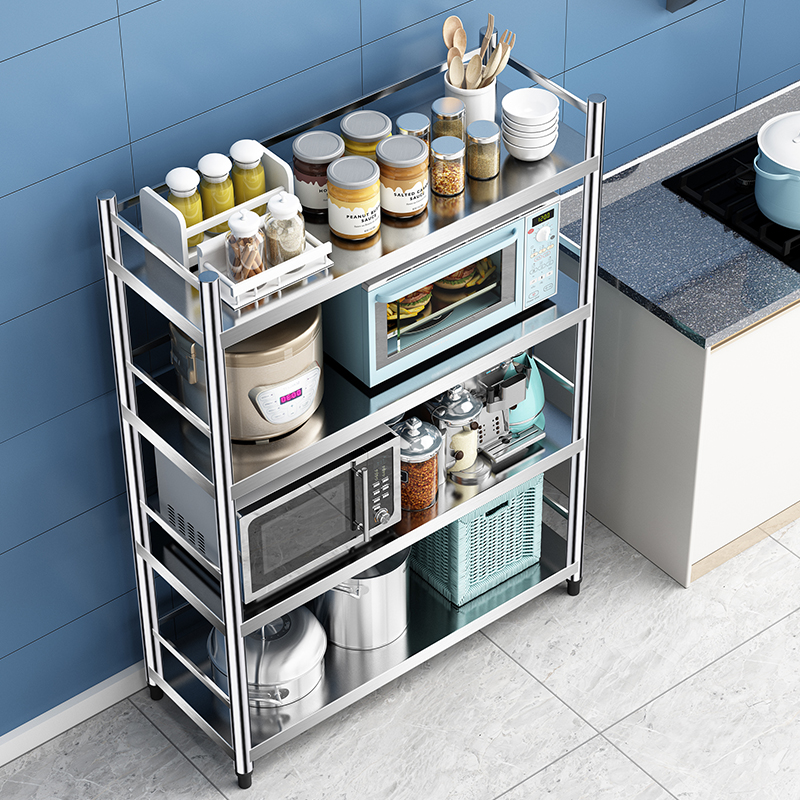 不锈钢厨房置物架带围栏烤箱锅架家用收纳架子多层落地式储物货架