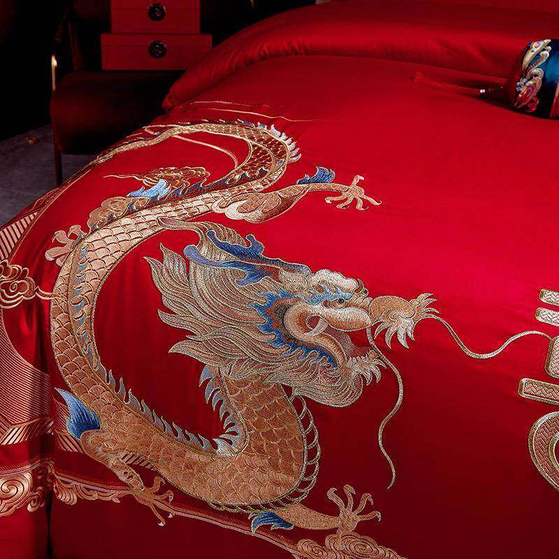 新中式龙凤绣全棉婚庆四件套JCN大红色新刺婚床用上品纯件棉结婚