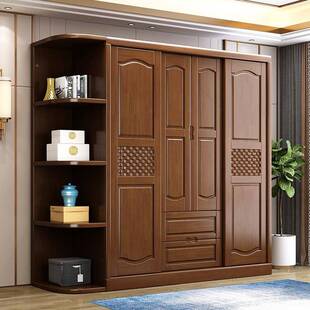 现代中式实木衣柜推门四家拉卧室二三门1.2/1.6/平移门实木用储藏