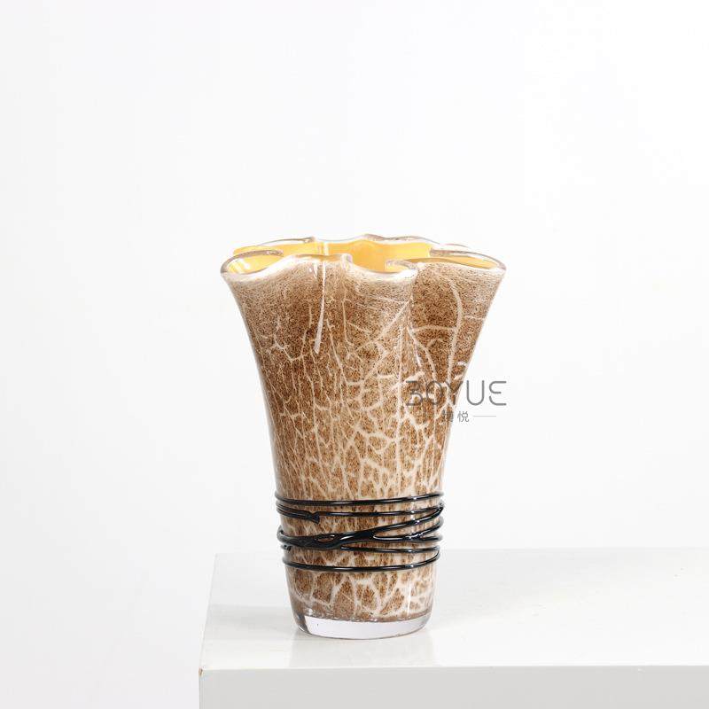 现代轻装奢璃棕色裂GCL纹缠丝插花器花花艺酒琉店家居饰玄关茶艺