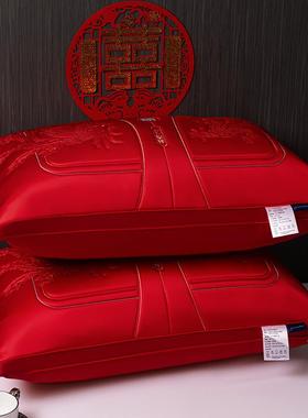 源头家嫁结婚龙枕凤刺绣芯婚庆枕全棉大红羽丝绒枕头女方陪厂OJI