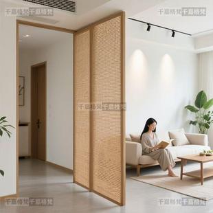 实木藤编屏风隔断客厅入户玄关遮挡简约卧室家用民宿移动座屏 中式