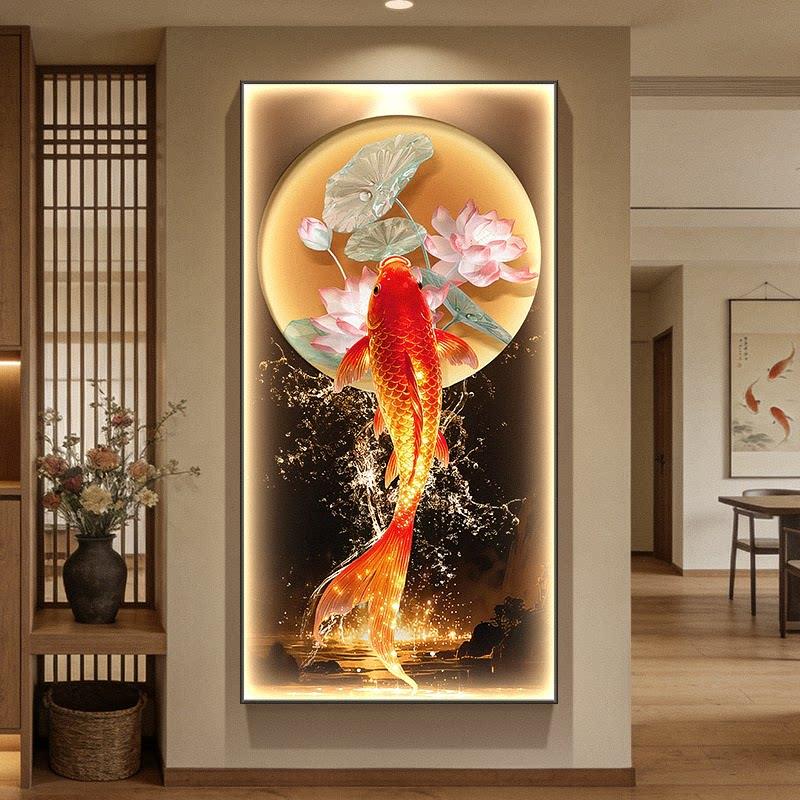 鱼跃龙门玄关装饰画新中式锦鲤走廊过道挂画荷花入户正对门壁画灯