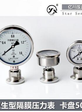 上海亿川YTP60BF卫生型隔膜压力表 不锈钢夹头式隔膜压力表50.5MM