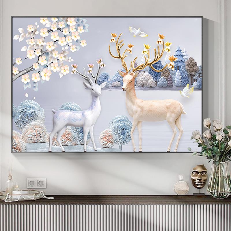 简约麋鹿5d钻石画 画饭厅满钻贴砖点钻石十字绣客厅新款发财鹿钻