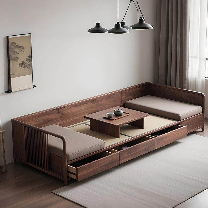 2025新款新中式胡桃木罗汉床客厅大坪数储物现代简约直排实木沙发