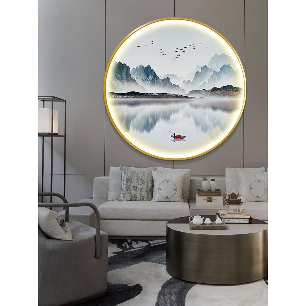 新山茶中式圆禅意水装饰画入户玄关led灯形画客厅室发光灯画晶瓷