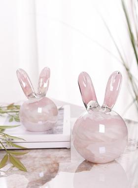 釉面粉红玉兔饰品现代休闲创意客厅，书房，卧室桌面可爱兔子家居