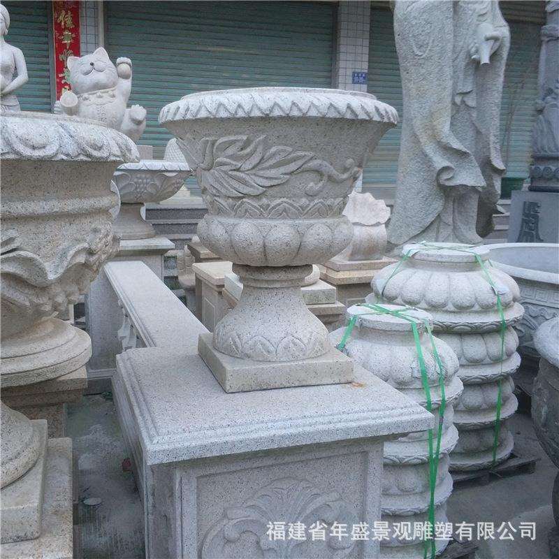 西式石头花盆带底座 室外园艺花钵 专业石雕厂家景观雕塑