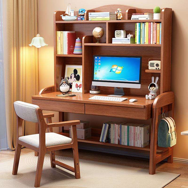 实木书桌家用写字桌带书架卧室电脑桌儿童学习桌椅初中小学生桌子