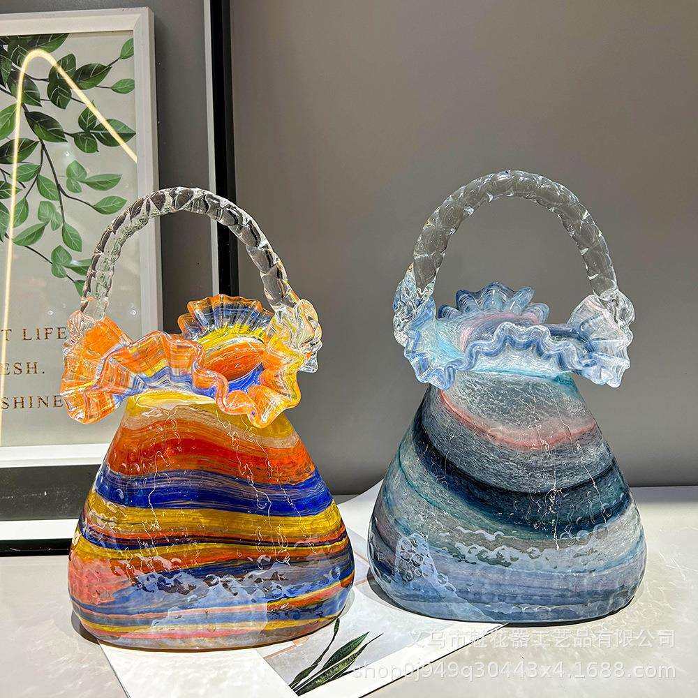 简约时尚彩色琉璃提篮花瓶摆件餐桌插花水培花器家居软装桌面饰品