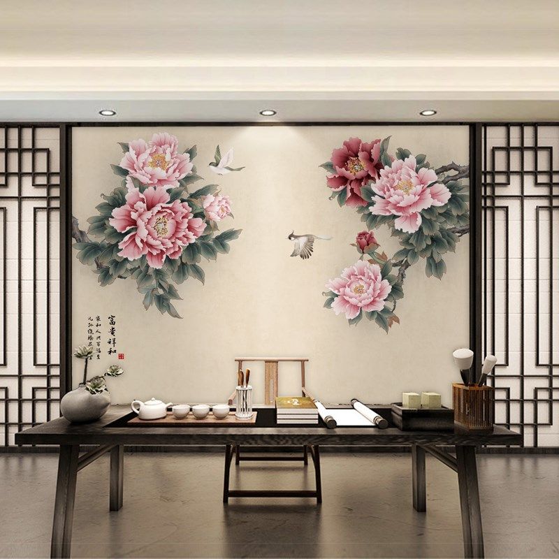 牡丹壁布古典花鸟国画墙纸客厅电视背景墙壁纸新中式墙布花开富贵