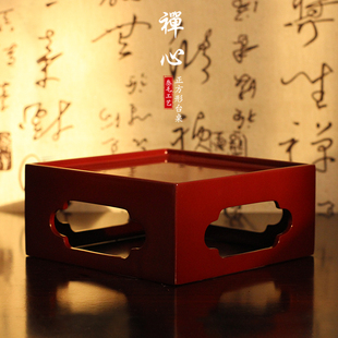 大漆海棠口全红正方形小台桌茶盘文盘复古摆件花瓶绿植茶杯底座