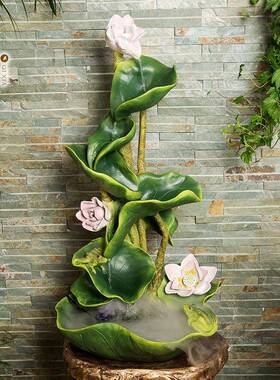 办公室叶假山循环流水摆件树脂意工艺品喷荷泉水景102977客创厅装