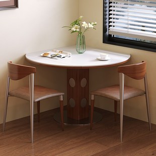 2025新款实木餐桌圆桌家用小户型洽谈桌法式中古风岩板可折叠方桌