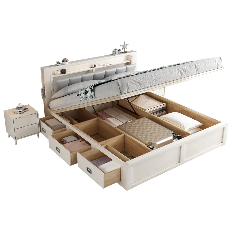 白色实木床现代简约1.8米双人床主卧大床抽屉收纳床1.5高箱储物床