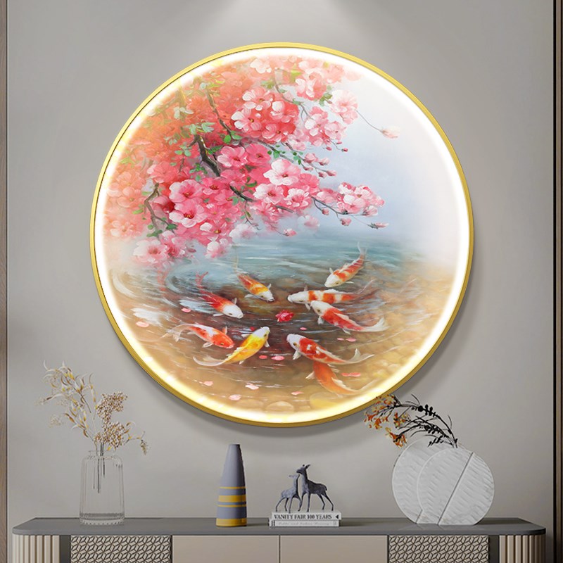 新中式圆形玄关装饰画九鱼图手绘油画美式过道走廊餐厅挂画灯画图片