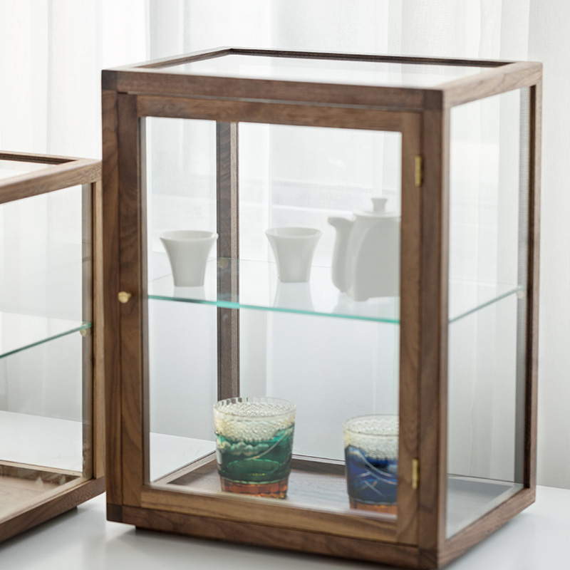 喜起黑胡桃实木玻璃展示柜桌面小型透明陈列架家用手办收纳置物柜
