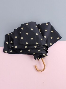 现货RECHAR新款弯柄弯钩点点波点黑胶三折伞防风纤维骨晴雨遮阳伞