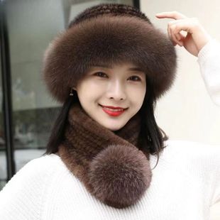 新贝雷包头狐狸毛风雪帽女冬保暖围巾帽子超厚妈妈款仿水貂蒙古帽
