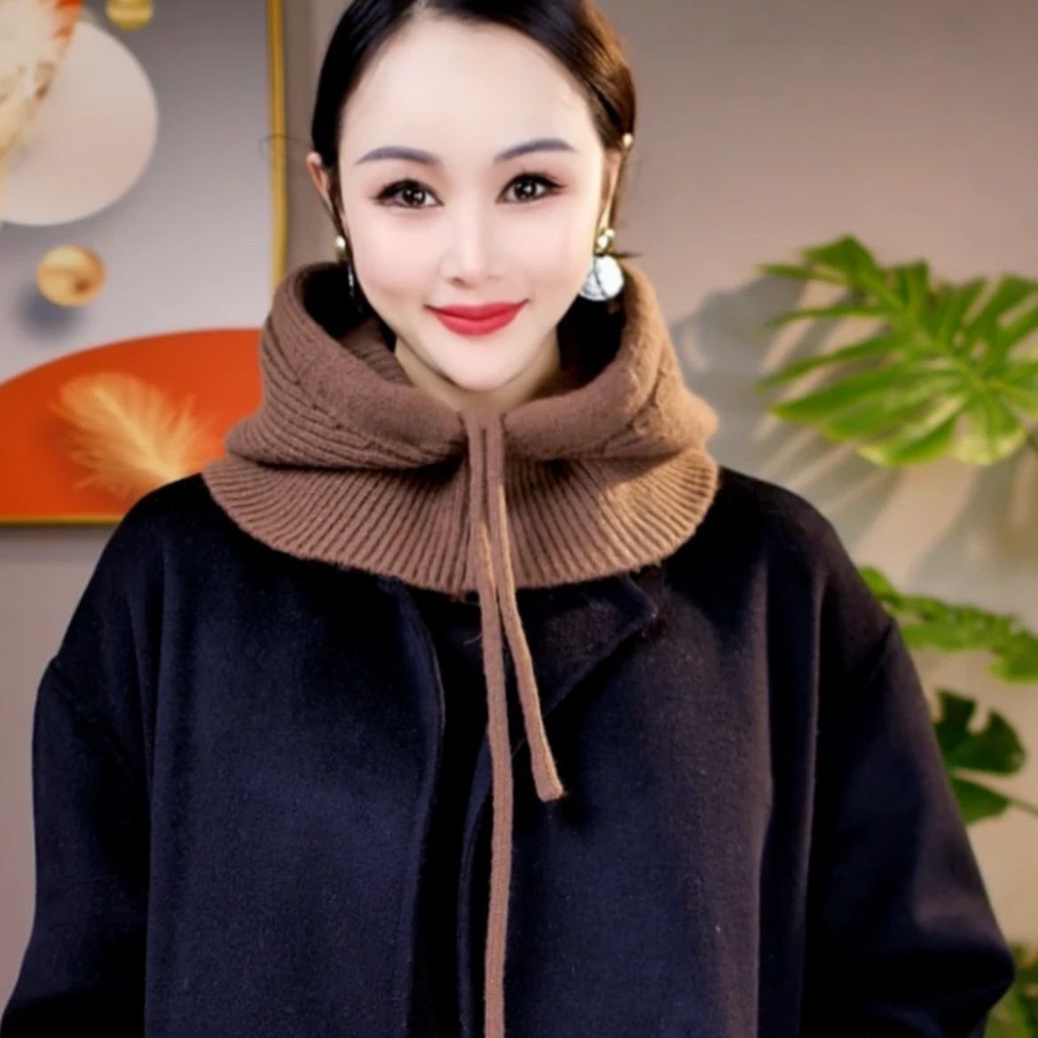 2025新款拉法帽安哥拉红色帽子围脖一体围巾保暖柔软抽绳收口围脖