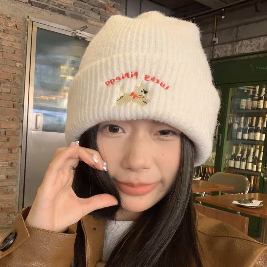 可爱小狗刺绣针织秋冬保暖加厚显脸新款秋冬季护耳毛线帽百搭帽子